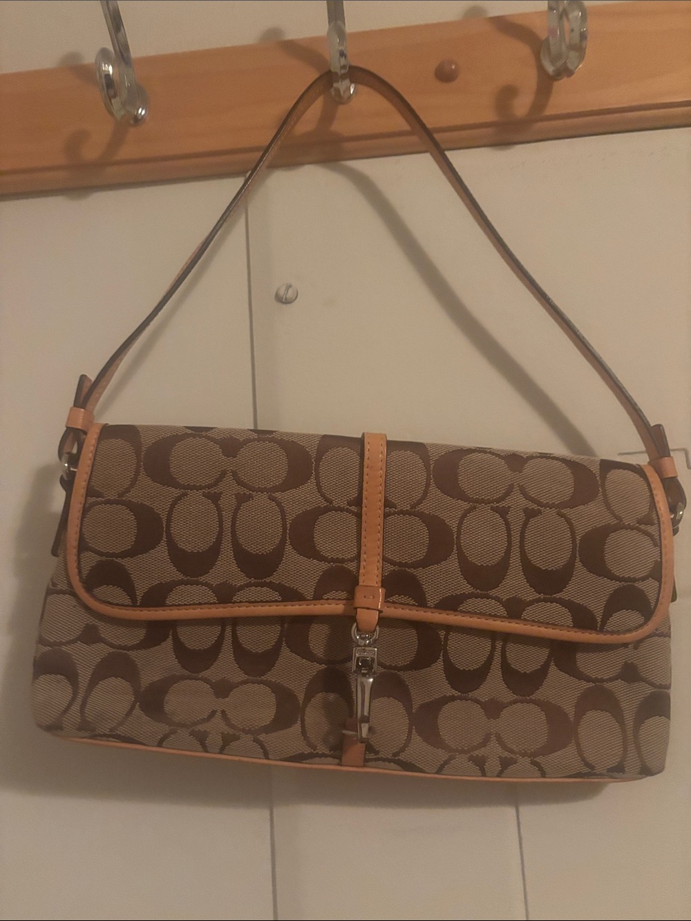 Coach Brown Signature Canvas Shoulder Bag with Tan Trim